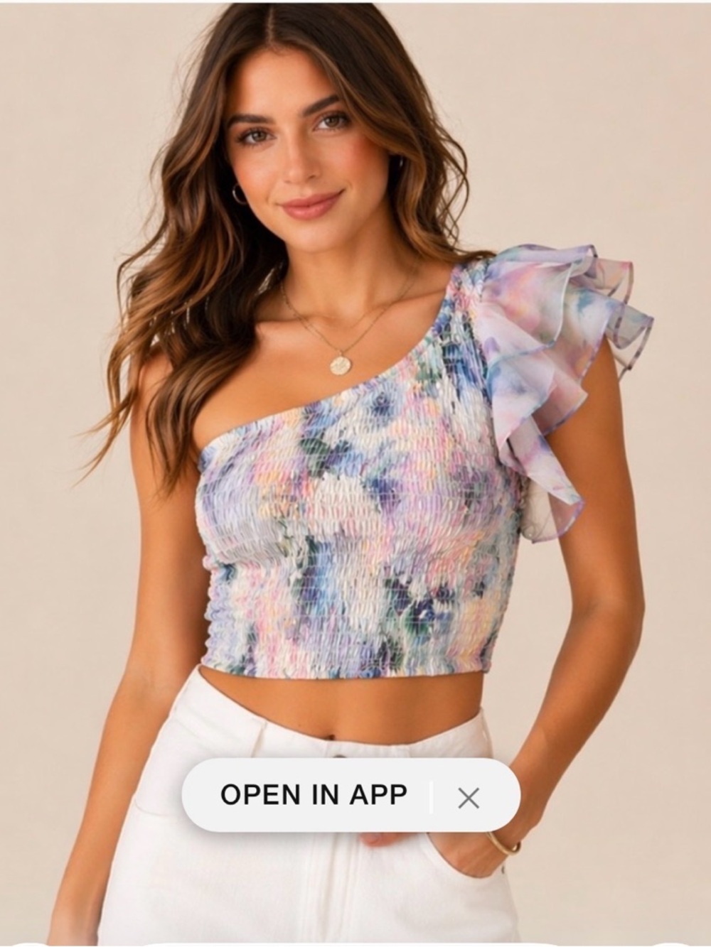 Misa Los Angeles Pastel Watercolor One-Shoulder Ruffle Crop Top